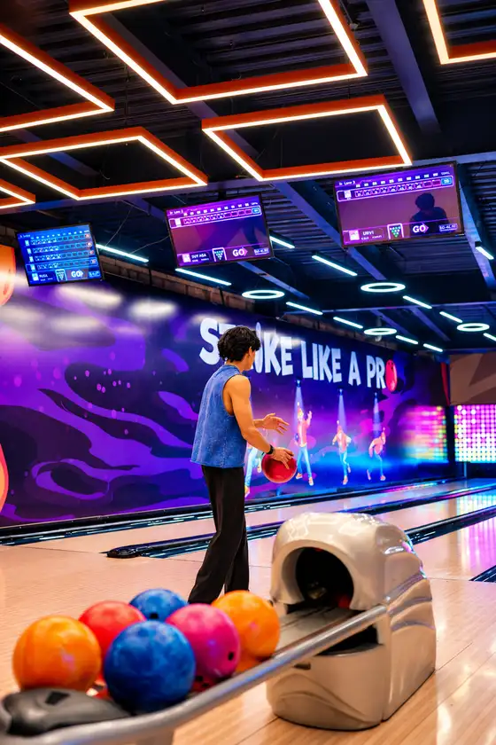 A player rolling a bowling ball down a neon-lit lane